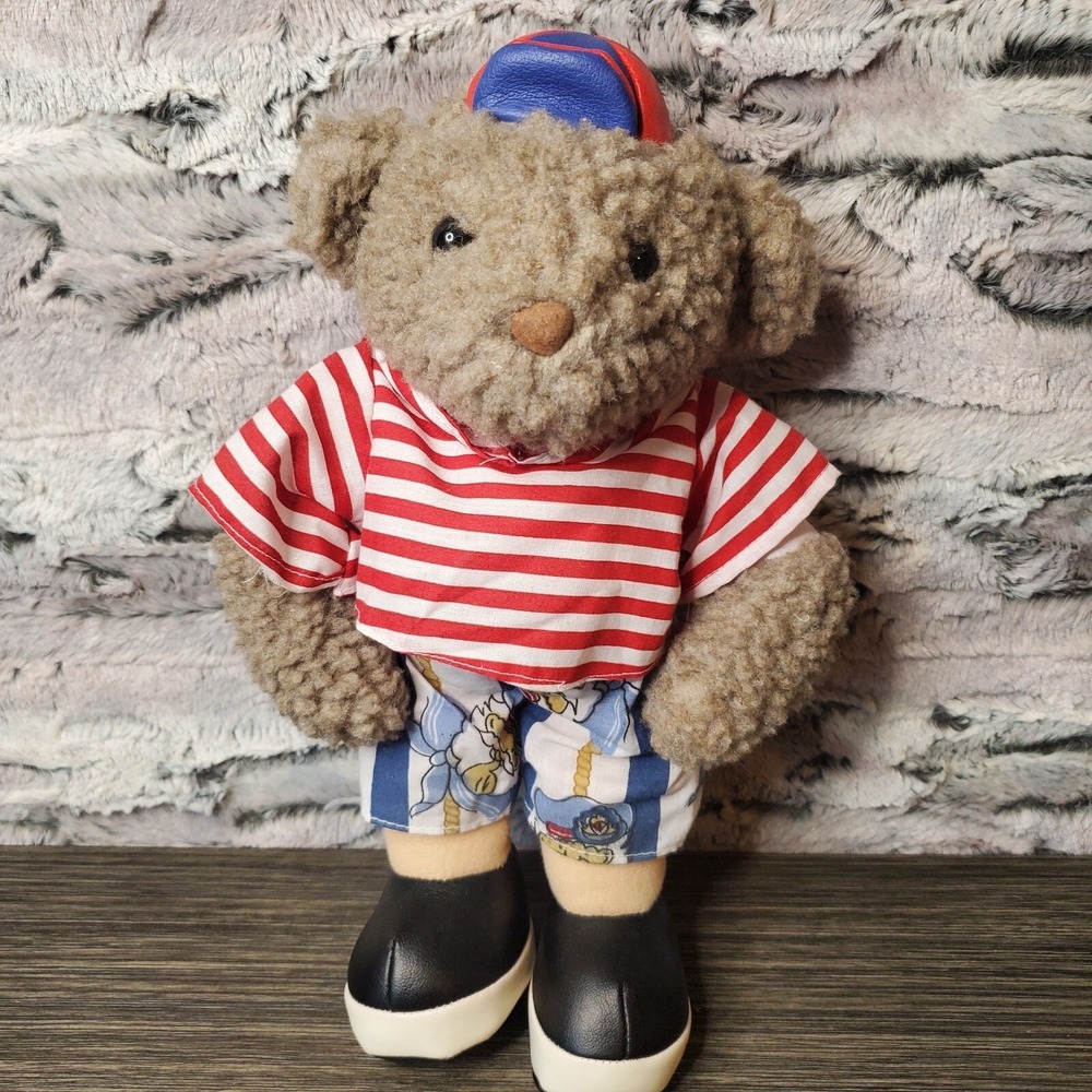 Vintage Sugar Loaf Nautical Themed Teddy Bear w/ Baseball Hat Red Striped Shirt